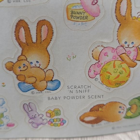 Vintage 1984 Hallmark Scratch-n-Sniff Bunny Stickers Baby Powder Scent - Picture 3 of 3